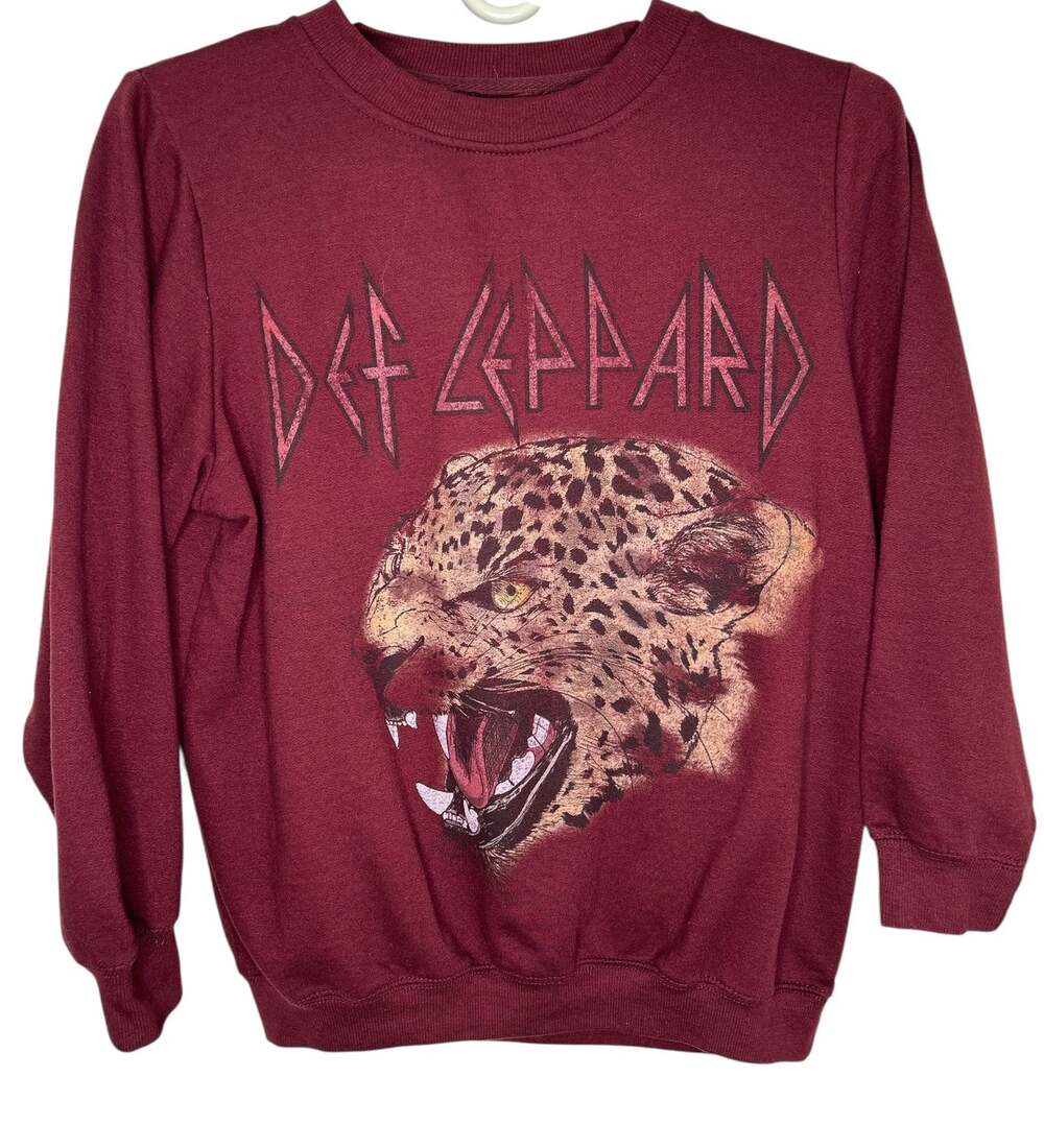 Def Leppard Graphic Leopard  Print Burgundy Long Sleeve Sweatshirt Wmns Medium